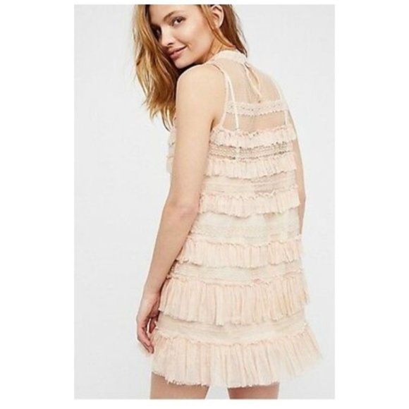 Free People One  NWT Ivory Tiered Ruffle Lace Mesh Boho Mini Dress Size Small - Picture 4 of 4